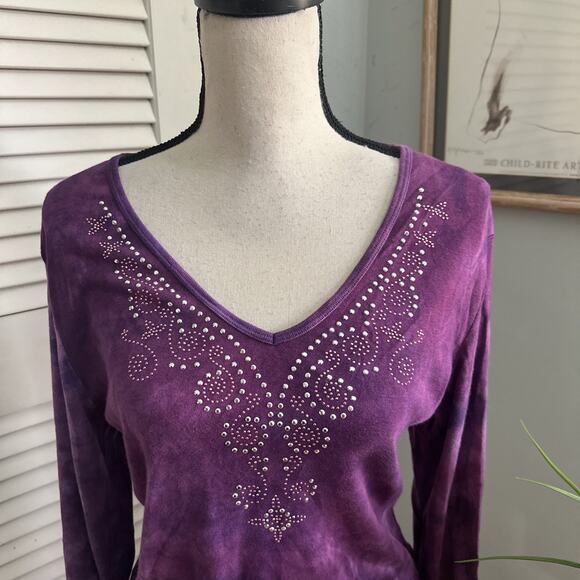 Vintage FASHION BUG Top XL Purple Tie Dye Studded V-Neck Retro Y2K Grunge Goth - Picture 3 of 10
